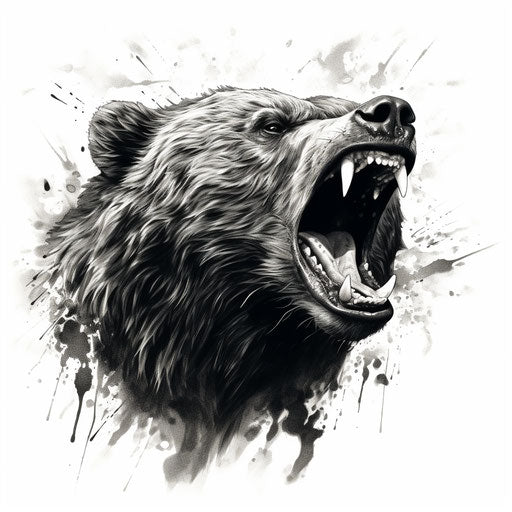 Roaring bear in black and white, iconic portrait style