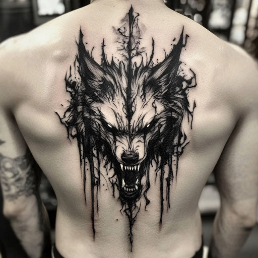 Tribal wolf tattoo in the style of Gerald Brom with a dark gothic wolf and twisted shadows