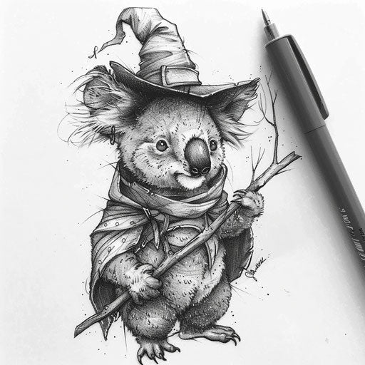 Whimsical flat tattoo sketch of a koala dressed as a wizard with a magical staff