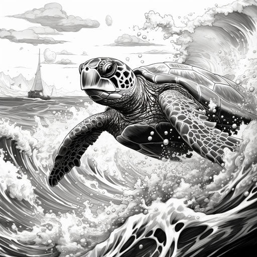 Sea turtle swimming with wave, meticulous inking style