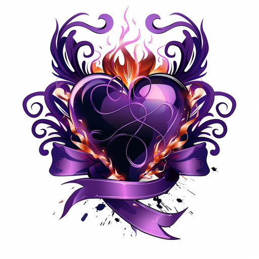 Vibrant violet heart tattoo with flames and ribbons on white