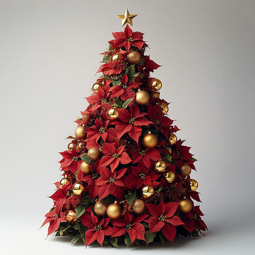 Christmas tree made of poinsettias with golden ornaments
