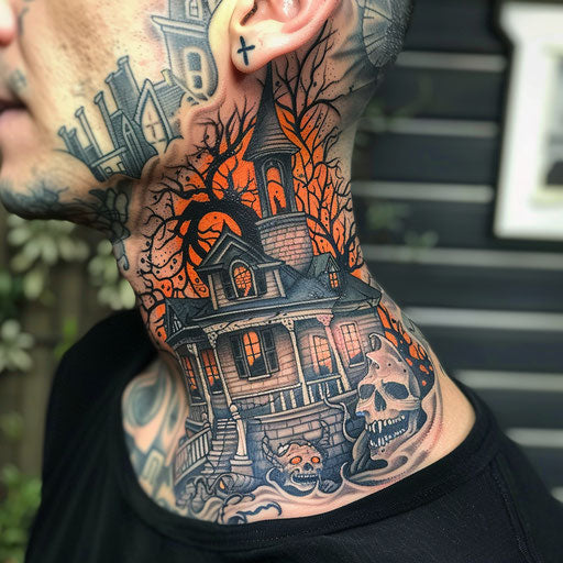 Haunted house side neck tattoos