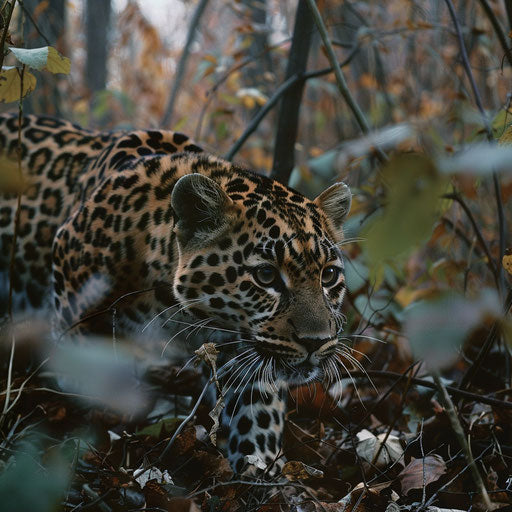 The elusive Amur leopard stealthily navigating through the dense underbrush of the Russian Far East.