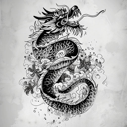 Exotic flat tattoo sketch of a black dragon adorned with traditional Eastern motifs