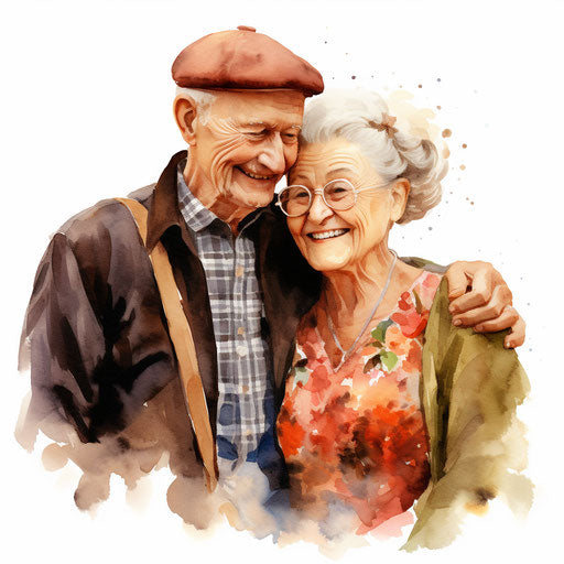 Grandparents clipart in Oil painting style, white background