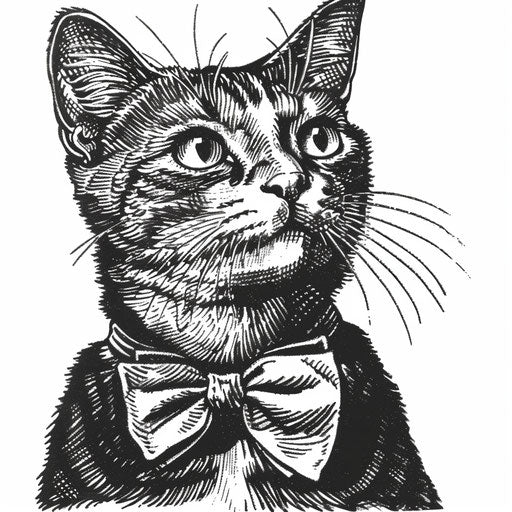 Vintage sketch of cat with bow tie, classic flat clipart