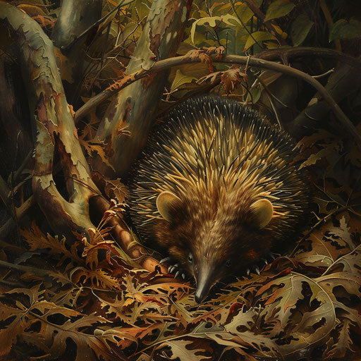 Echidna nestled in undergrowth, detailed and lifelike