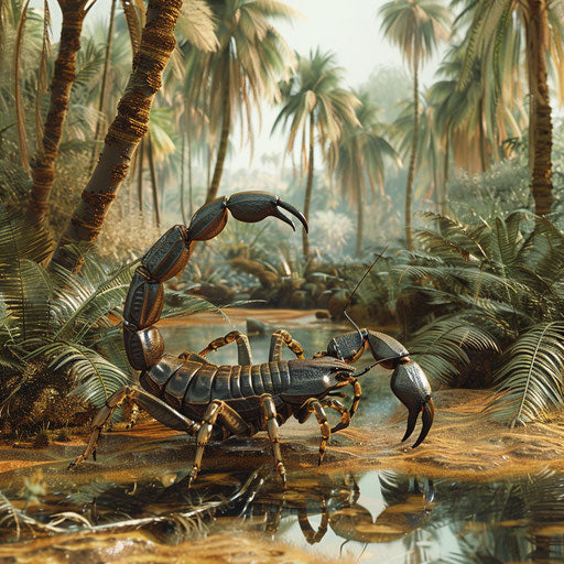 A scorpion in an oasis with palm trees in the background