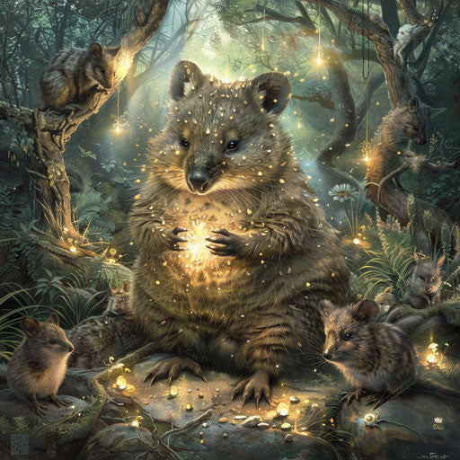 The enchanted quokka sharing wisdom in mystical forest