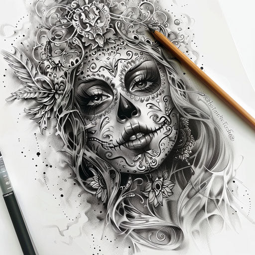Tattoo sketch of a Chicano art La Catrina with intricate details, shaded with dark tones