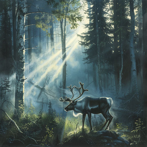Woodland caribou in a misty forest scene with sunbeams piercing through the fog
