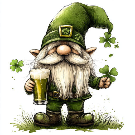 St. Patrick's Day gnome with green beer and clovers, digital art