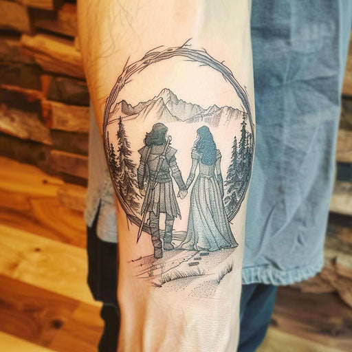 Couple tattoo with epic fantasy characters holding hands