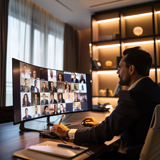 Professional virtual meeting with diverse participants on screen