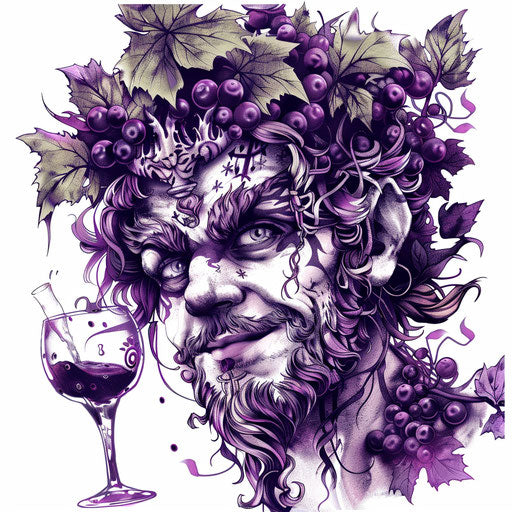 Greek god, symbol of revelry and wine, festive tattoo on white background