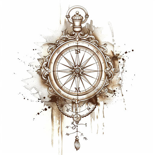 Flat clipart style tattoo sketch for an ornate compass and map