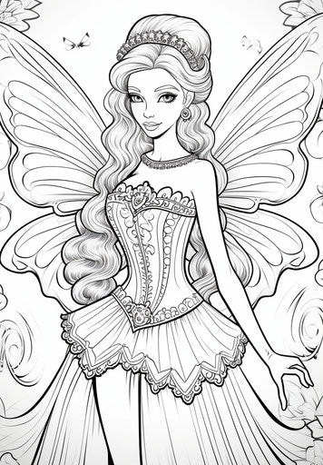 Barbie fairy coloring page, symmetrical captivating chiaroscuro