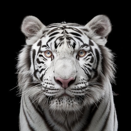 White tiger with black stripes, front view, looking at the camera