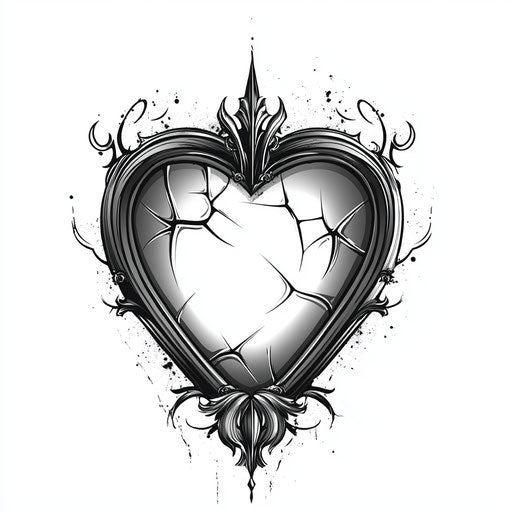Beautiful flat tattoo sketch of heartless tattoo with stylized broken mirror in grayscale on pure white background