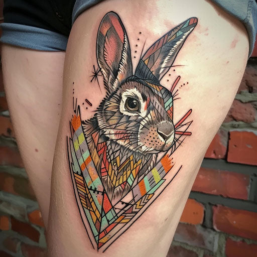 Bohemian flat tattoo sketch of bunny with tribal patterns