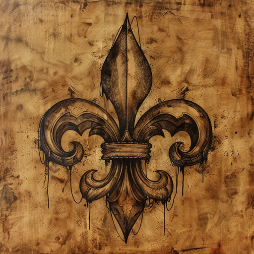 Rustic tattoo sketch of a fleur de lis with woodcut textures in earthy browns