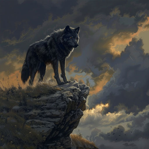 Rare black wolf on a cliff, storm brewing in background