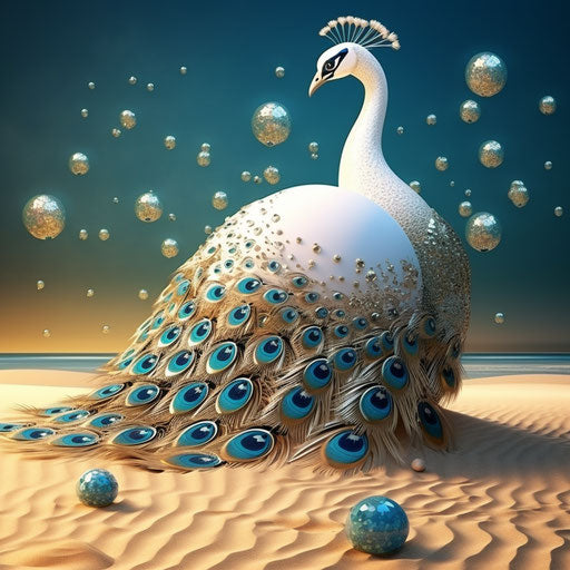 The peacock and the golden egg on the winter beach
