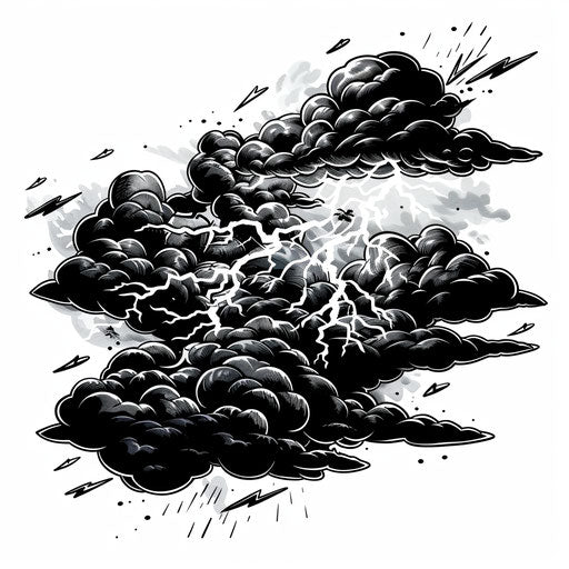 Dramatic flat tattoo sketch of a storm with dark clouds and white lightning flashes