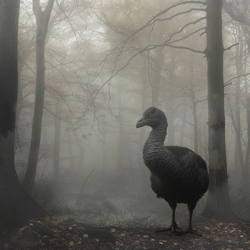 Extinct bird in a misty forest