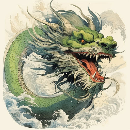 Japanese green dragon art print, energetic style