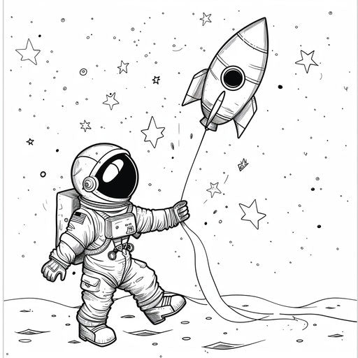 Astronaut playing with rocket-shaped kite in zero gravity.