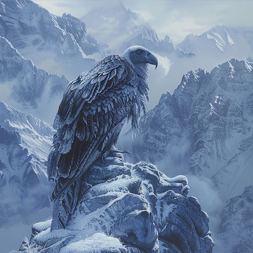 Condor in a frosty landscape with snow-covered peaks