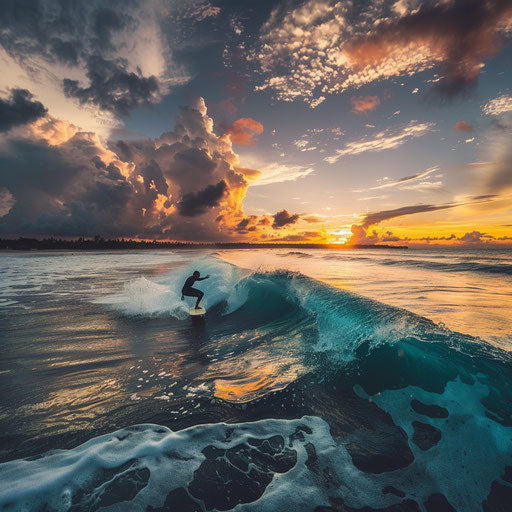 Surfer catching a wave at Pandawa Beach with a stunning sunset