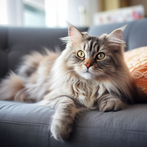A Siberian cat lounging on a couch