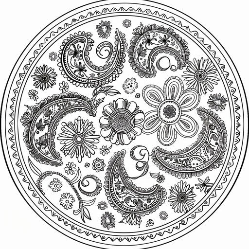 Circle adorned with paisley patterns and floral elements