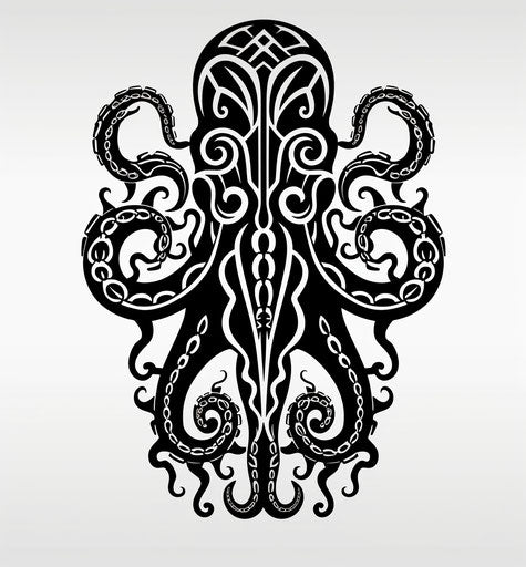 Octopus tattoo, tribal designs, black-white graphic
