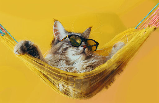 A cat wearing sunglasses in a hammock