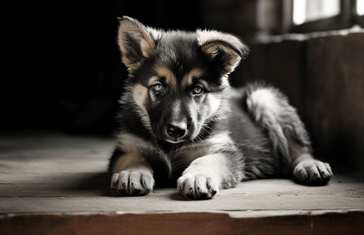 Black and white German shepherd puppy laying down, creative style