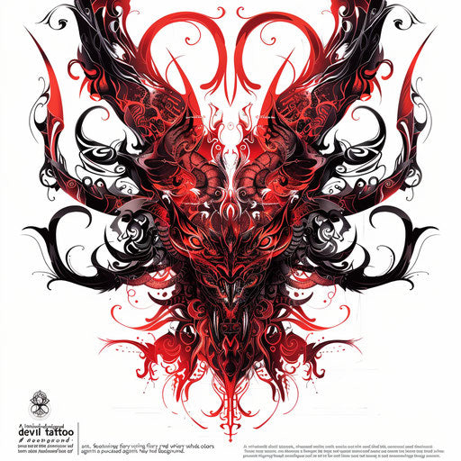 Intricate devil tattoo with red and black colors on white background