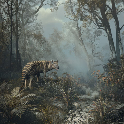 Thylacine in misty forest landscape, Simen Johan style