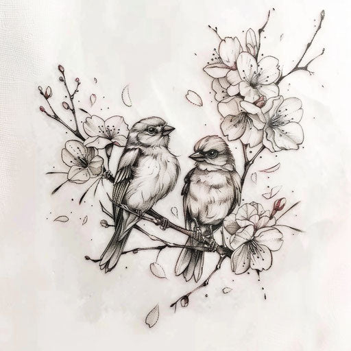 Sketch of a tattoo of a pair of lovebirds sitting on a branch with cherry blossoms for wrist coverup tattoo for women