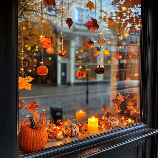 Autumn window display with hanging leaf garlands and pumpkins