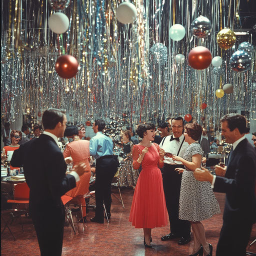 1960s office Christmas party, coworkers dancing under streamers and balloons