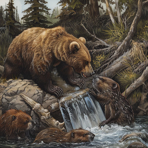 Building a dam with a bear and a beaver