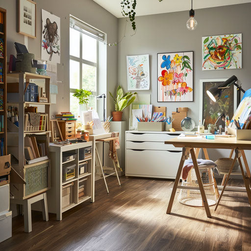 Home office with a craft corner and storage for art supplies