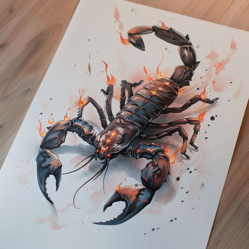 Scorpion tattoo design emerging from flames with ash and ember details