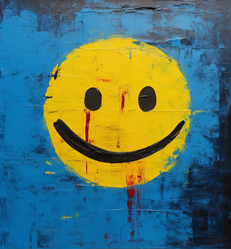 Smiling emotion on blue background, meme art style, yellow frequent, bold gestures, hd, photo, white background