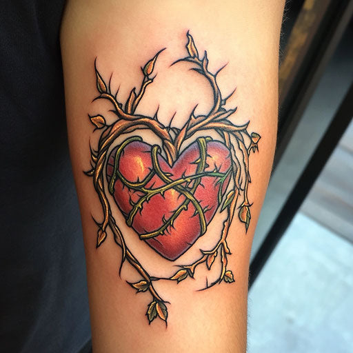 Mom heart tattoo with a heart wrapped in vines and thorns