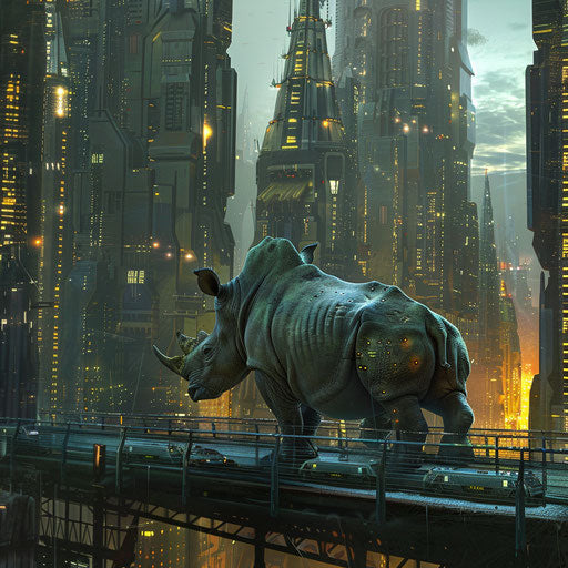 A rhinoceros navigating the complex architecture of a futuristic metropolis